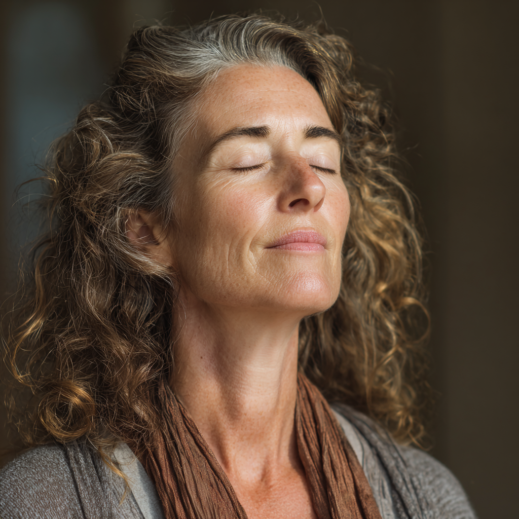 Middle-aged woman practicing meditation in peaceful environment
