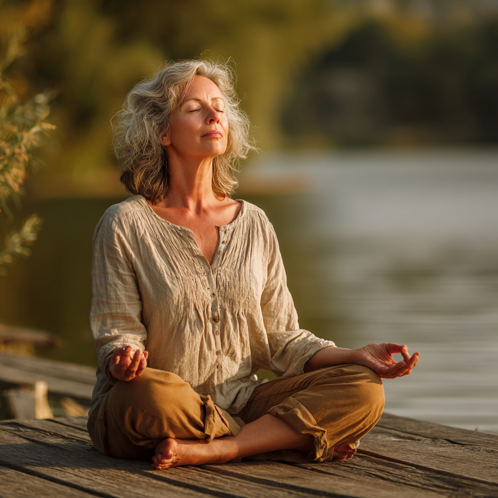 Middle-aged woman practicing breathing techniques